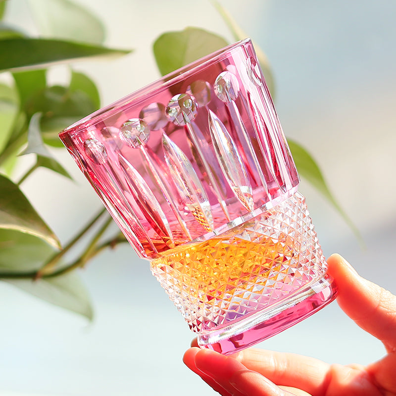 JP-095 Hand Cut And Pink Colored Crystal Glass Cocktail Whiskey Tumbler With Diamond Pearl Star-Cut For Beverage Social Drinkers