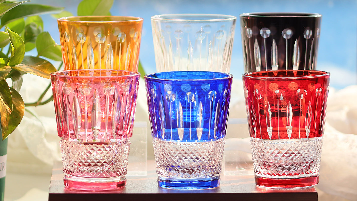 JP-095 Black Japanese Edo Kiriko Rocks Whiskey Tumbler Diamond Pearl Star-Cut Old Fashioned Glass Black Cased Crystal Glass Cocktail Tumbler