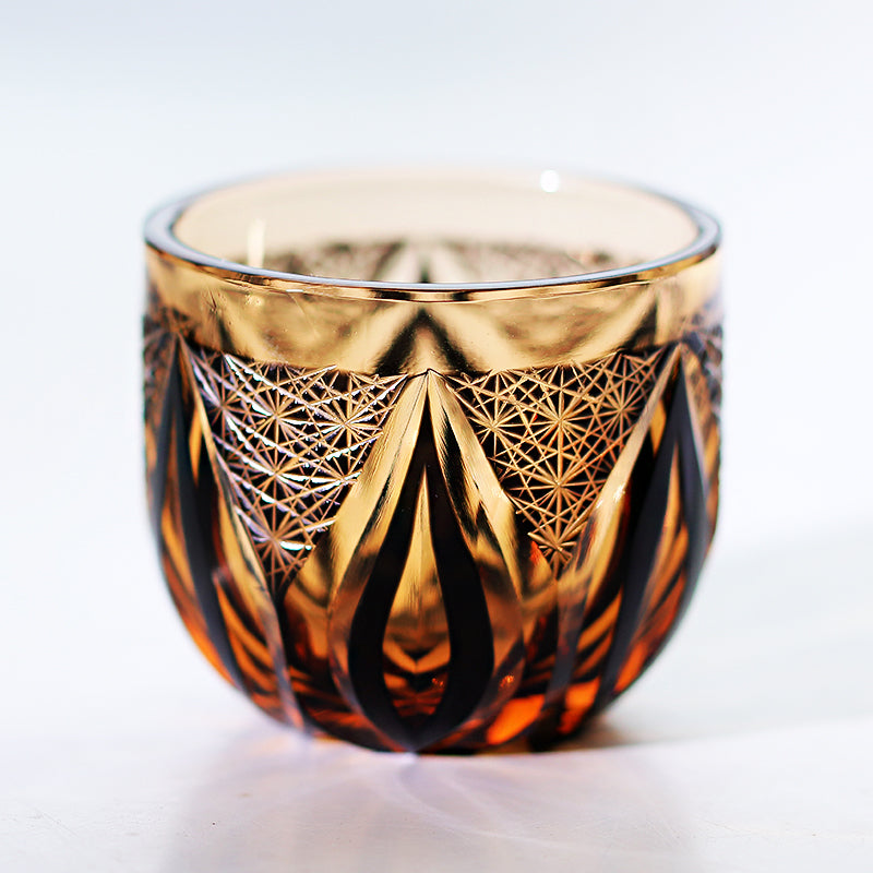 JP-020 60 ML Handmade Japanese Style Edo Kiriko's Black Amber Chilled Sake Glass Cup Hand Cutting Candle Flame Design