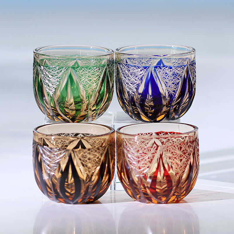 JP-020 60 ML Handmade Japanese Style Edo Kiriko's Black Amber Chilled Sake Glass Cup Hand Cutting Candle Flame Design