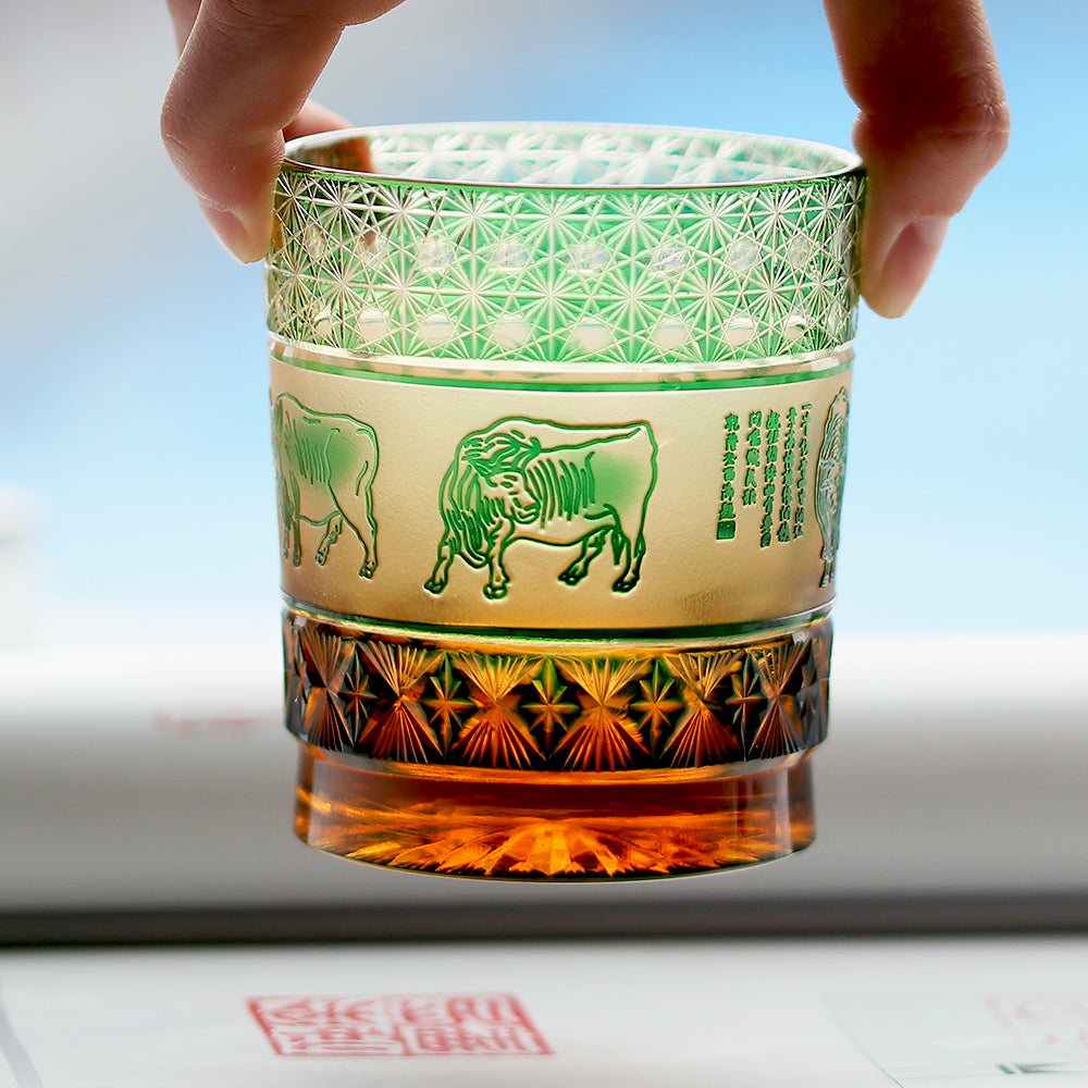 JP-023 240ml Handcrafts Green Whiskey Glass With Edo Kiriko Chinese Painting Five Cows