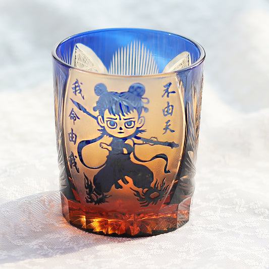 JP-024 Edo Kiriko's Handcrafts Chinese NeZha Whiskey Glass Blue and Amber In Gift Box