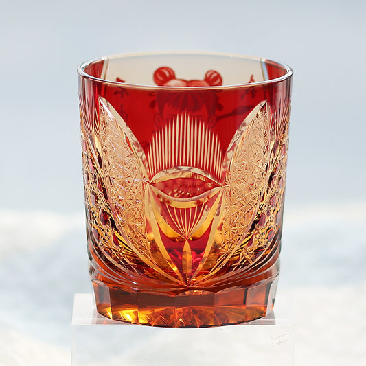 JP-024 Edo Kiriko's Handcrafts Chinese NeZha Whiskey Glass Red and Amber In Gift Box