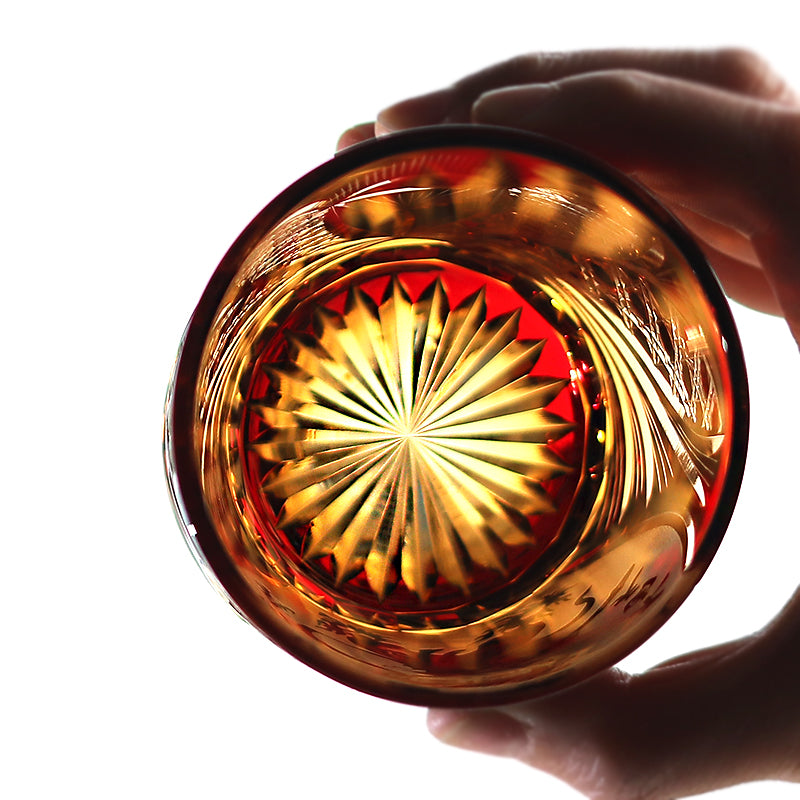 JP-024 Edo Kiriko's Handcrafts Chinese NeZha Whiskey Glass Red and Amber In Gift Box
