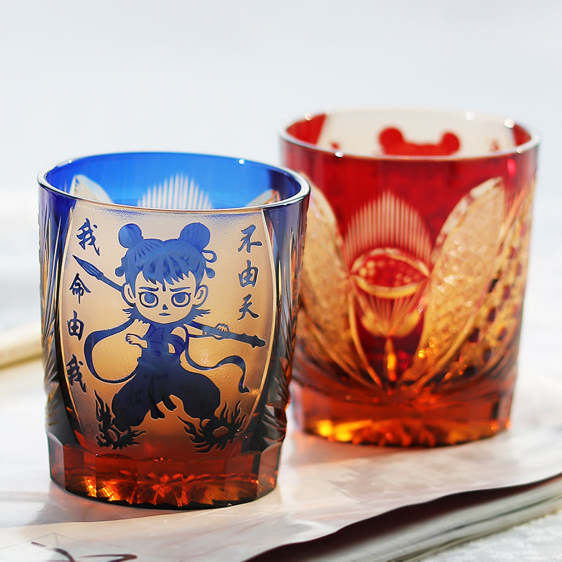 JP-024 Edo Kiriko's Handcrafts Chinese NeZha Whiskey Glass Blue and Amber In Gift Box