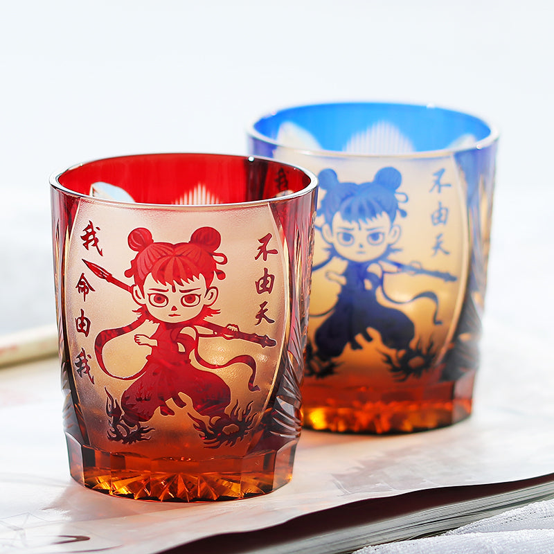 JP-024 Edo Kiriko's Handcrafts Chinese NeZha Whiskey Glass Red and Amber In Gift Box
