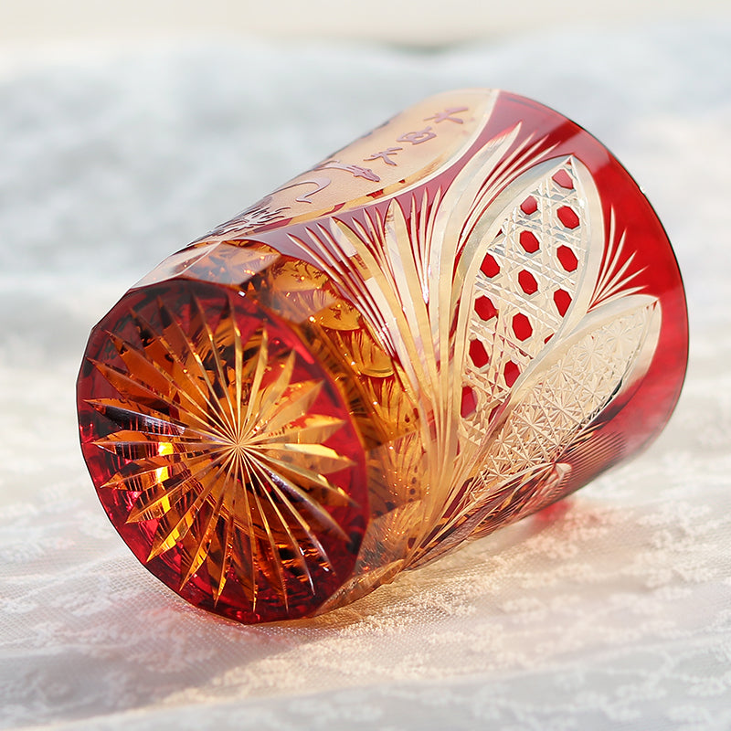 JP-024 Edo Kiriko's Handcrafts Chinese NeZha Whiskey Glass Red and Amber In Gift Box