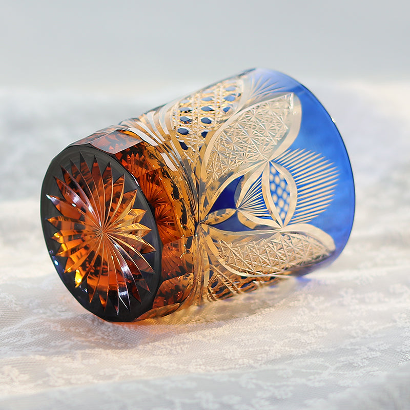 JP-024 Edo Kiriko's Handcrafts Chinese NeZha Whiskey Glass Blue and Amber In Gift Box