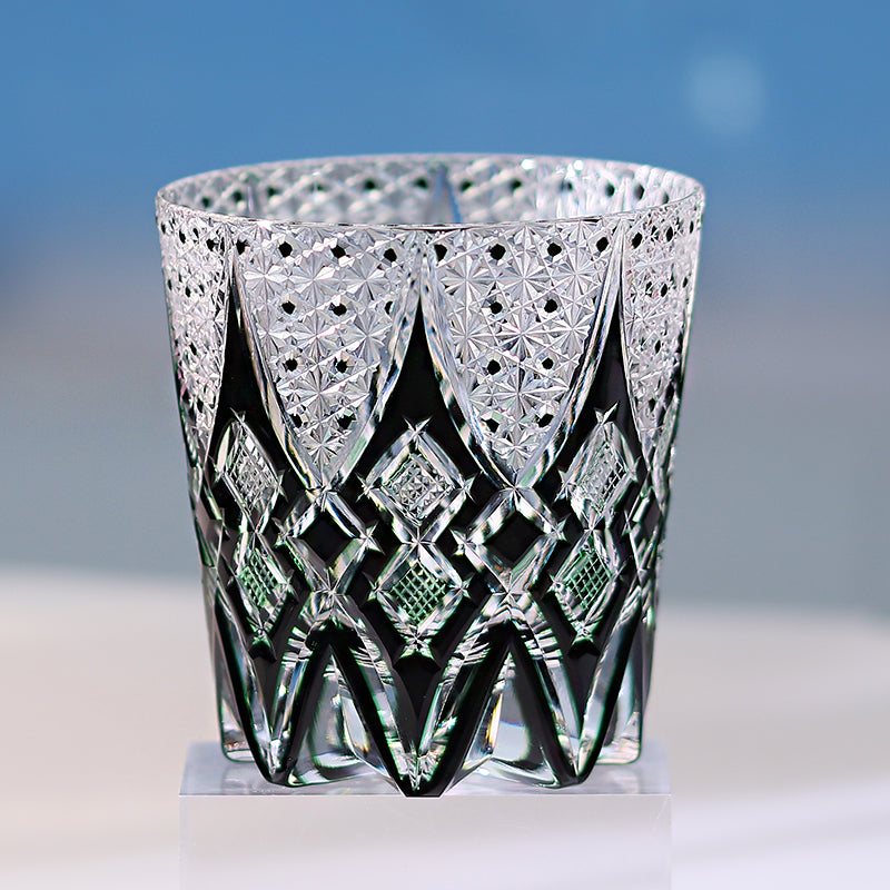 JP-144 Handcrafts Edo Kiriko Whiskey Cocktail Glasses Black Green Clear Colored Old Fashioned Glass With Gift Box