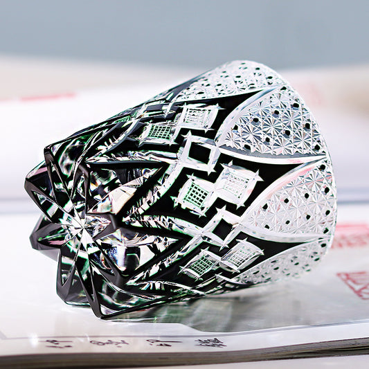 JP-144 Handcrafts Edo Kiriko Whiskey Cocktail Glasses Black Green Clear Colored Old Fashioned Glass With Gift Box