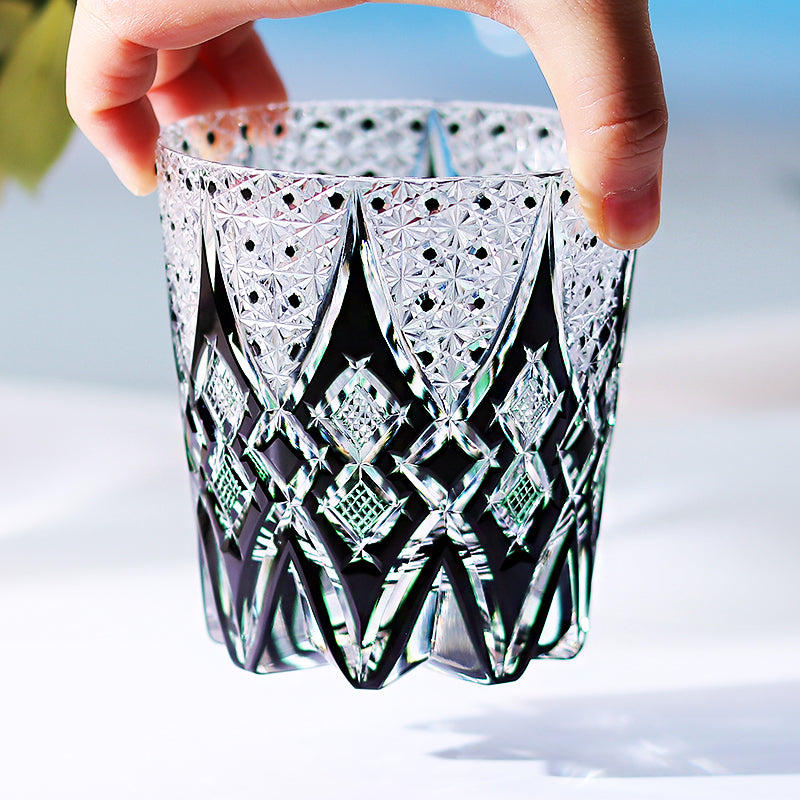 JP-144 Handcrafts Edo Kiriko Whiskey Cocktail Glasses Black Green Clear Colored Old Fashioned Glass With Gift Box