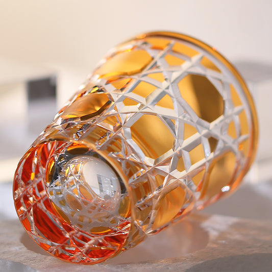JP-045 Hand Cut To Clear and Amber Color overlaid Glass Highball Glass Tumblers---Hand engraved big diamond Patterns