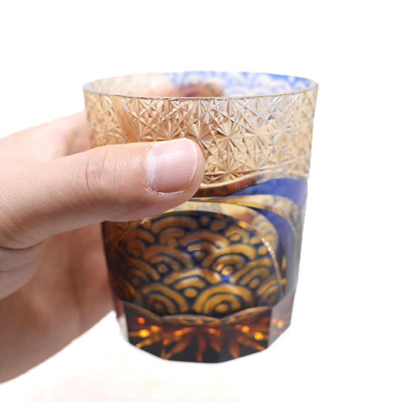 JP-041 250 ml Handcrafts Blue and Amber Color Tinted Glass Cocktail Whiskey Tumbler With Edo Kiriko's Moon and Waves Design