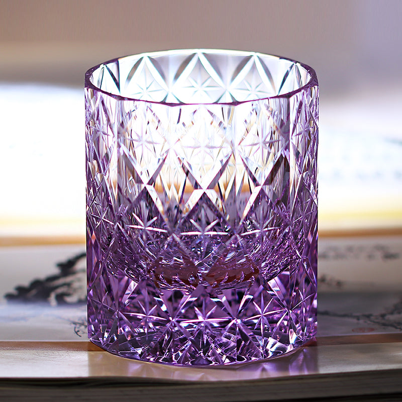 JP-129 Edo Kiriko Handcrafted Celestial Stars Whisky Glass Purple K9 Crystal Glass Tumbler With Gift Box