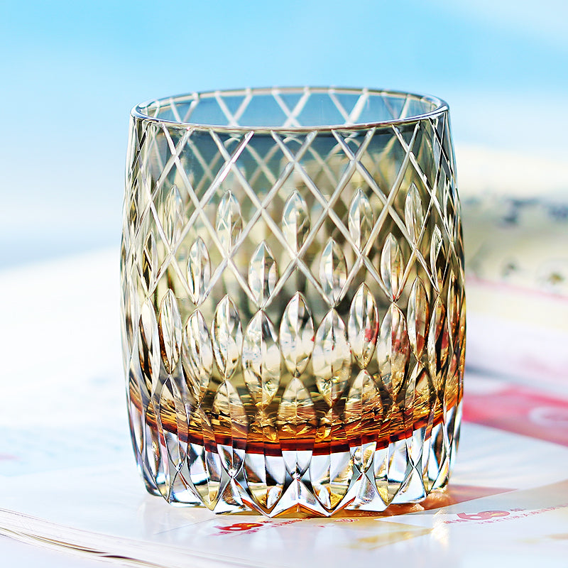 JP-064 310ml Handcrafts Japanese Style Roundish Grey Whiskey Glass Tumblers Edo Kiriko's Fine Lines And Rhombus-shaped With Gift Box