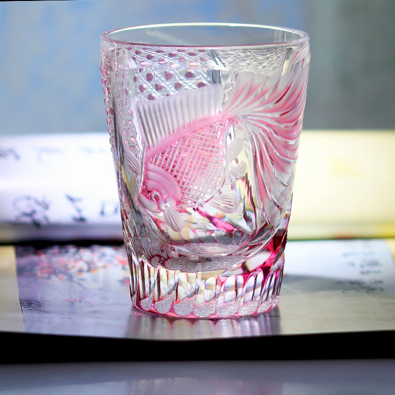 JP-019 280ml Edo Kiriko Handcrafted Rose Koi Cocktail Whisky Glasses Gold Pink In Gift Box