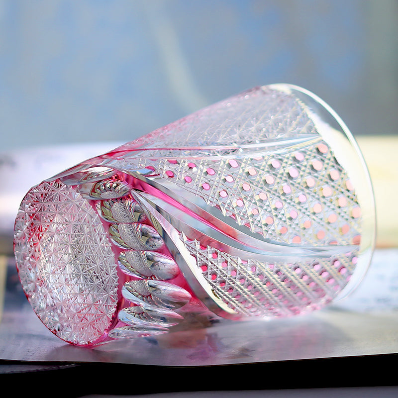 JP-019 280ml Edo Kiriko Handcrafted Rose Koi Cocktail Whisky Glasses Gold Pink In Gift Box