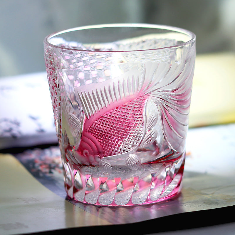 JP-019 320ml Edo Kiriko Handcrafted Rose Koi Old Fashioned Whisky Glasses Gold Pink In Gift Box