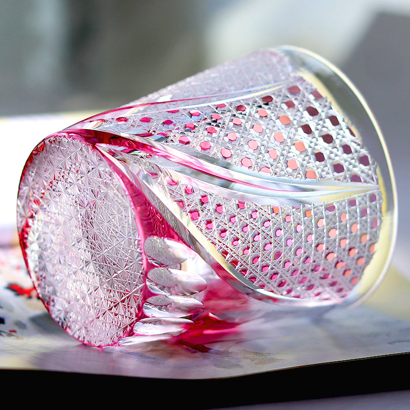 JP-019 320ml Edo Kiriko Handcrafted Rose Koi Old Fashioned Whisky Glasses Gold Pink In Gift Box