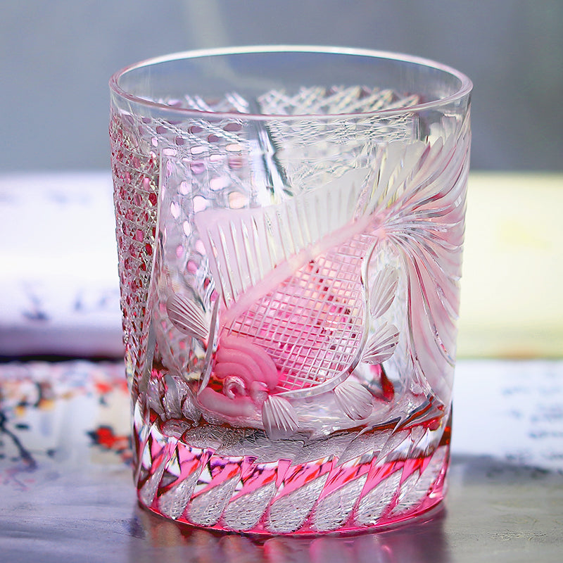 JP-019 260ml Japanese Style Edo Kiriko Handcrafted Rose Koi Whisky Glasses Gold Pink In Gift Box