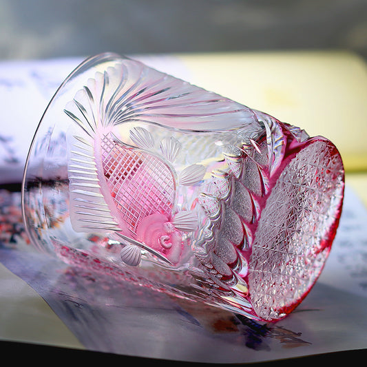 JP-019 260ml Japanese Style Edo Kiriko Handcrafted Rose Koi Whisky Glasses Gold Pink In Gift Box
