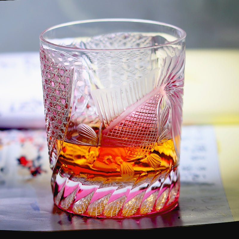 JP-019 260ml Japanese Style Edo Kiriko Handcrafted Rose Koi Whisky Glasses Gold Pink In Gift Box