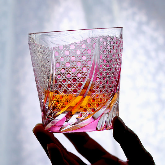 JP-019 320ml Edo Kiriko Handcrafted Rose Koi Old Fashioned Whisky Glasses Gold Pink In Gift Box