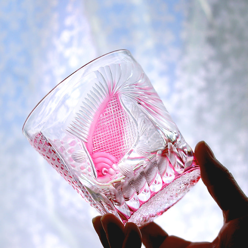 JP-019 320ml Edo Kiriko Handcrafted Rose Koi Old Fashioned Whisky Glasses Gold Pink In Gift Box