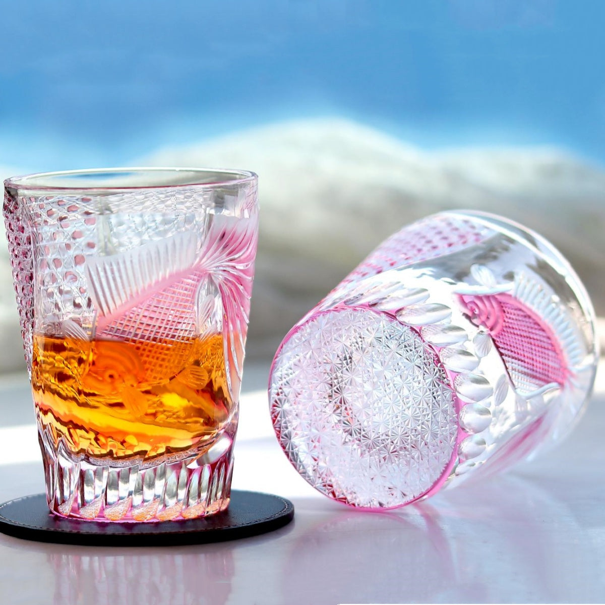 JP-019 280ml Edo Kiriko Handcrafted Rose Koi Cocktail Whisky Glasses Gold Pink In Gift Box