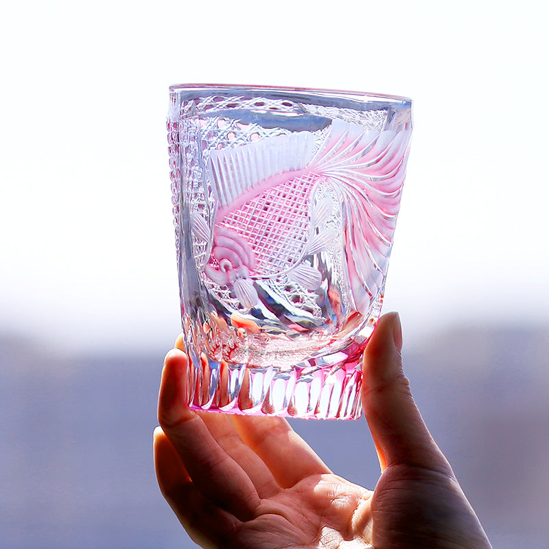 JP-019 280ml Edo Kiriko Handcrafted Rose Koi Cocktail Whisky Glasses Gold Pink In Gift Box