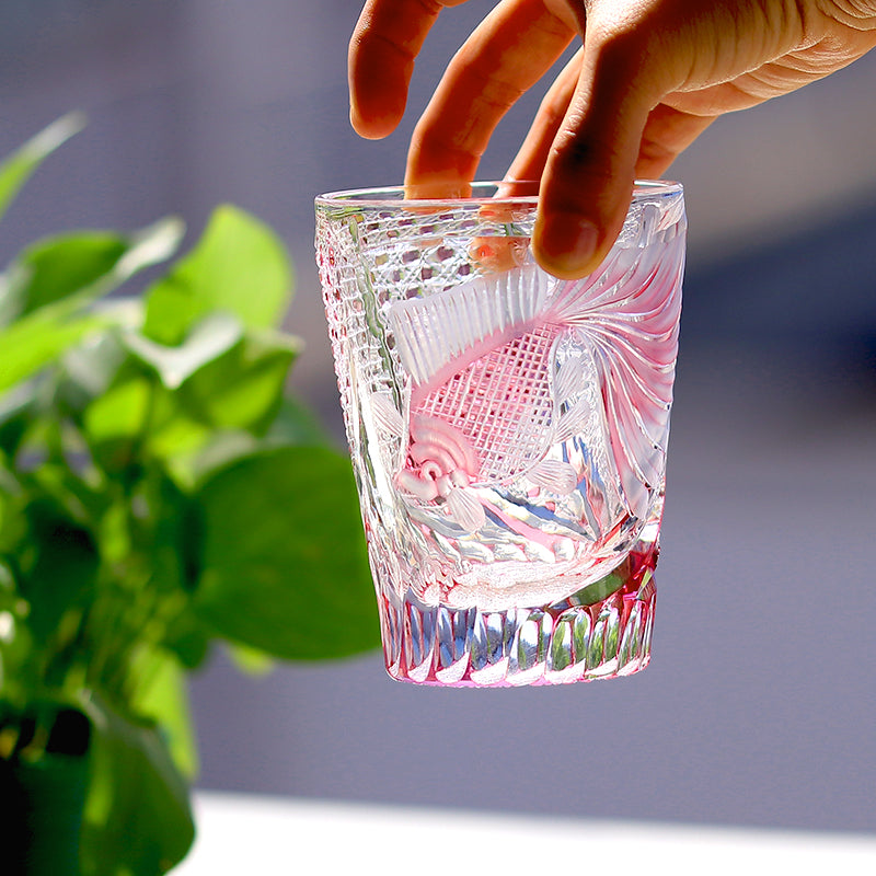 JP-019 280ml Edo Kiriko Handcrafted Rose Koi Cocktail Whisky Glasses Gold Pink In Gift Box