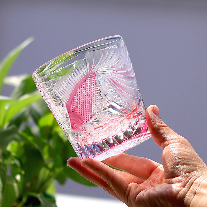 JP-019 320ml Edo Kiriko Handcrafted Rose Koi Old Fashioned Whisky Glasses Gold Pink In Gift Box