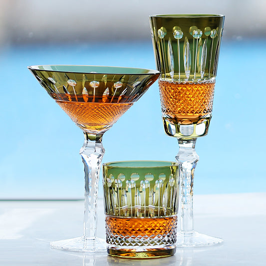 Handcrafted Army Green Colored Crystal Stem Glass Barware With Hand Cut Timeless Design