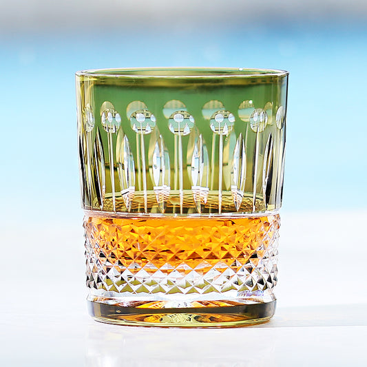 JP-003 Handcrafts Edo Kiriko Army Green Whiskey Glass Tumblers Hand Cutting Lotus and Diamond Pattern In Gift Box