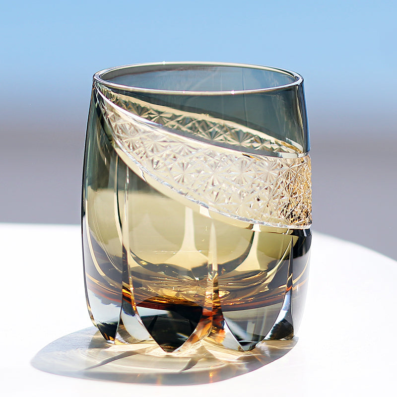JP-065 310ml Grey Japanese Style Edo Kiriko Handcrafted Obsidian Lightning Whisky Glass Roundish With Gift Box