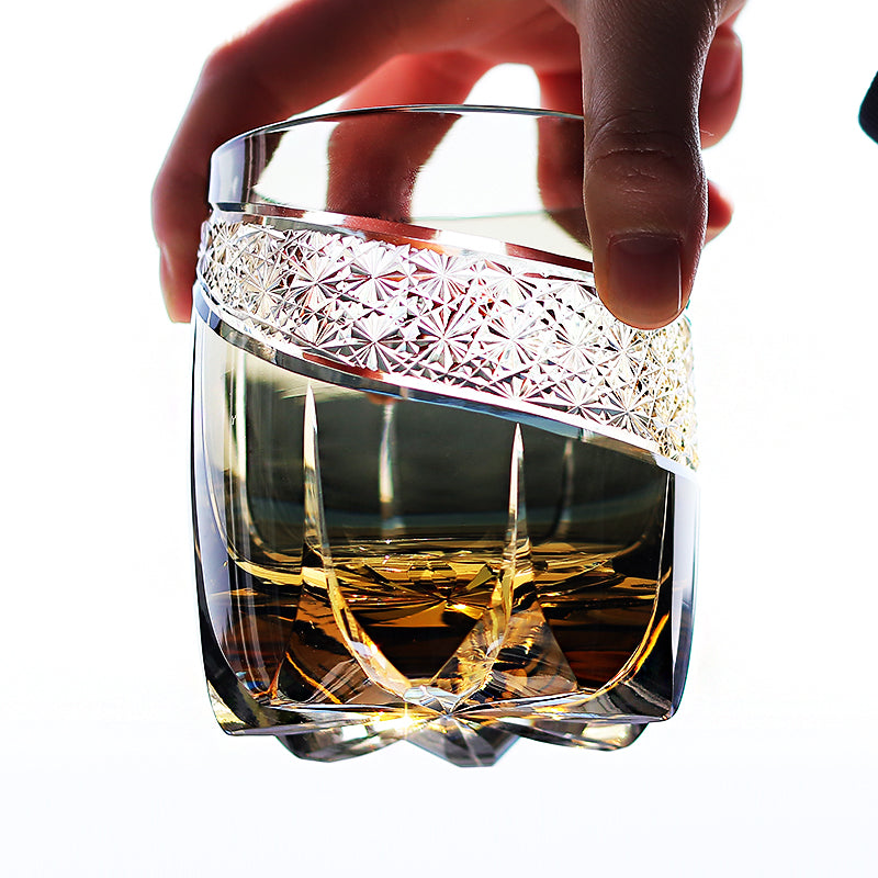 JP-065 310ml Grey Japanese Style Edo Kiriko Handcrafted Obsidian Lightning Whisky Glass Roundish With Gift Box