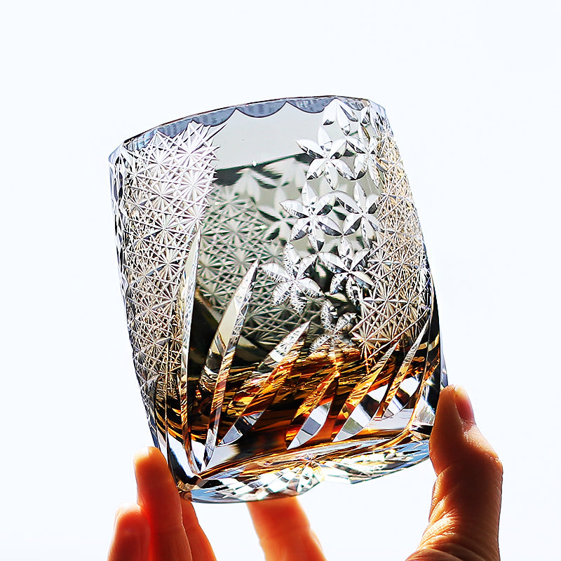 JP-067 310ml Edo Kiriko's Handcrafted Grey Whisky Glasses In Gift Box Hand Cut To Clear Old Fashioned Glasses'Theme "FENGHUAXUEYUE"