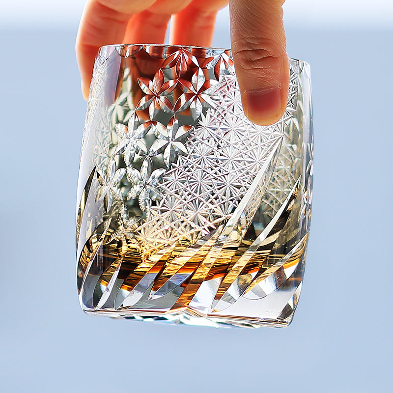 JP-067 310ml Edo Kiriko's Handcrafted Grey Whisky Glasses In Gift Box Hand Cut To Clear Old Fashioned Glasses'Theme "FENGHUAXUEYUE"