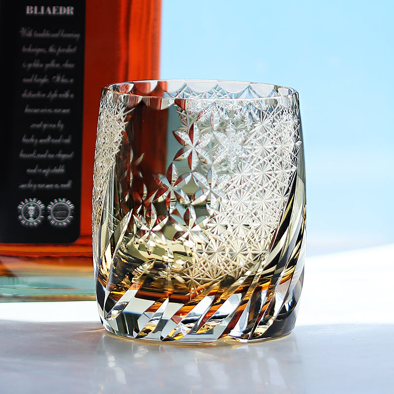 JP-067 310ml Edo Kiriko's Handcrafted Grey Whisky Glasses In Gift Box Hand Cut To Clear Old Fashioned Glasses'Theme "FENGHUAXUEYUE"