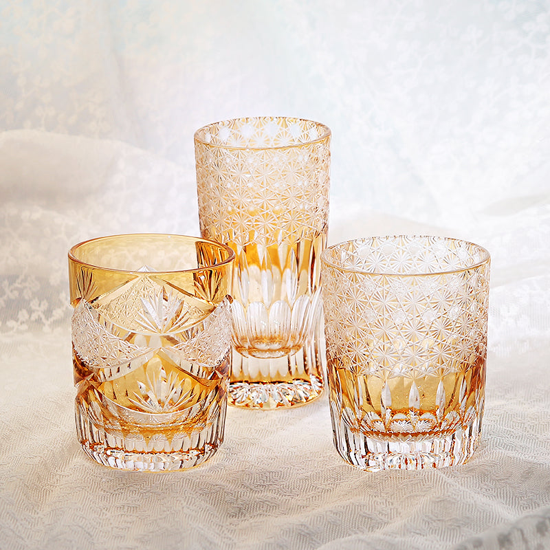 JP-004 Handcrafts Edo Kiriko Orange Cased Crystal Glass Cocktail Tumbler Beer Glass 260ml In Gift Box