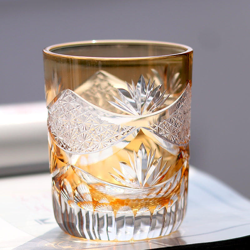 JP-007 Handcrafts Edo Kiriko Orange Whiskey Glass Cutting Crown Jewel Design 280 ml