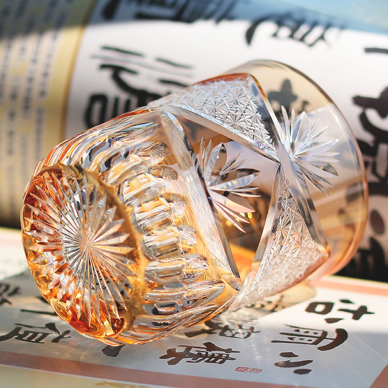 JP-007 Handcrafts Edo Kiriko Orange Whiskey Glass Cutting Crown Jewel Design 280 ml