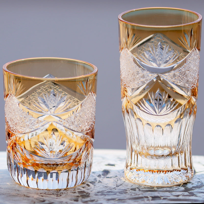 JP-007 Handcrafts Edo Kiriko Orange Whiskey Glass Cutting Crown Jewel Design 280 ml