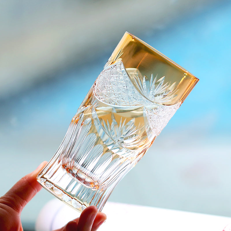 JP-006 Edo Kiriko Orange Crystal Beer Glass Tumbler For Cocktail Beverages, Non-alcohol, Water, Cold Tea, Soft drinks