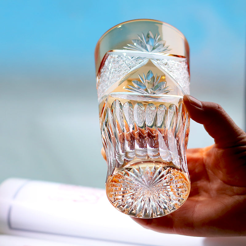 JP-006 Edo Kiriko Orange Crystal Beer Glass Tumbler For Cocktail Beverages, Non-alcohol, Water, Cold Tea, Soft drinks