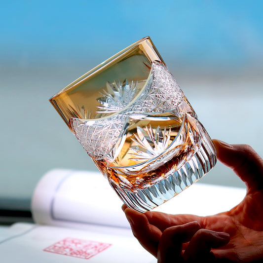 JP-007 Handcrafts Edo Kiriko Orange Whiskey Glass Cutting Crown Jewel Design 280 ml