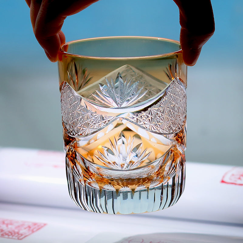 JP-007 Handcrafts Edo Kiriko Orange Whiskey Glass Cutting Crown Jewel Design 280 ml