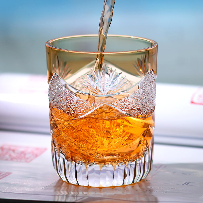 JP-007 Handcrafts Edo Kiriko Orange Whiskey Glass Cutting Crown Jewel Design 280 ml
