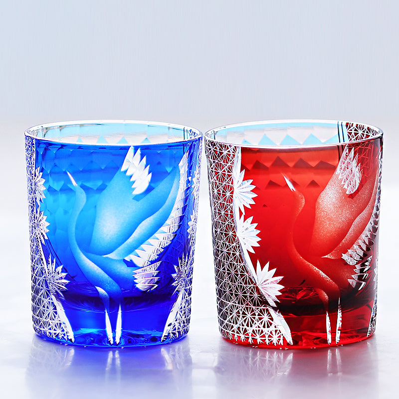 JP-043 250 ml Handcrafts Edo Kiriko Crane Whiskey Glasses Blue In Gift Box