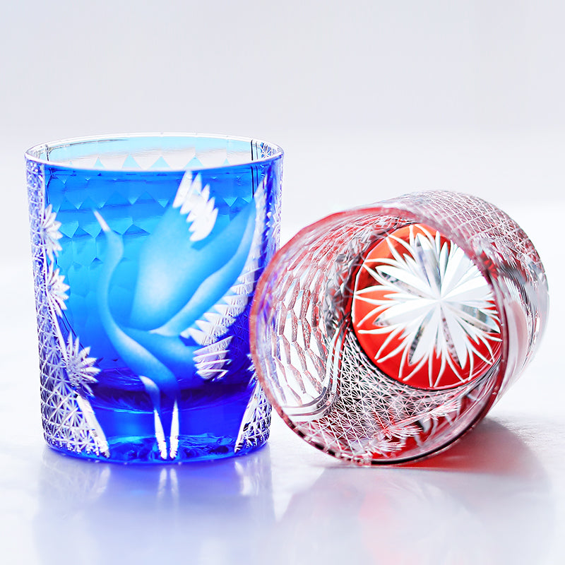 JP-043 250 ml Handcrafts Edo Kiriko Crane Whiskey Glasses Ruby Red In Gift Box